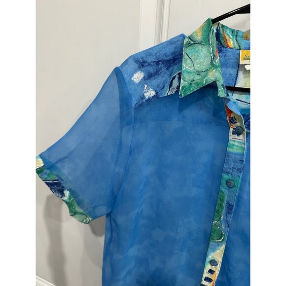 Vintage Sea Suns Sheer Button Down Blouse Blue Artistic Trim Sz PM Made In USA - Picture 9 of 10